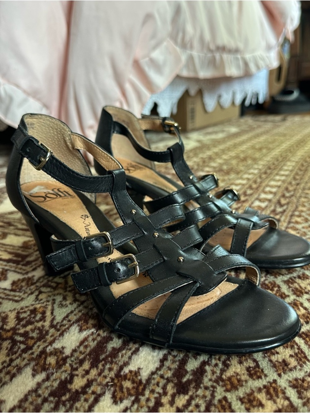 Sofft Black Leather Multi-Strap T-Strap Heels